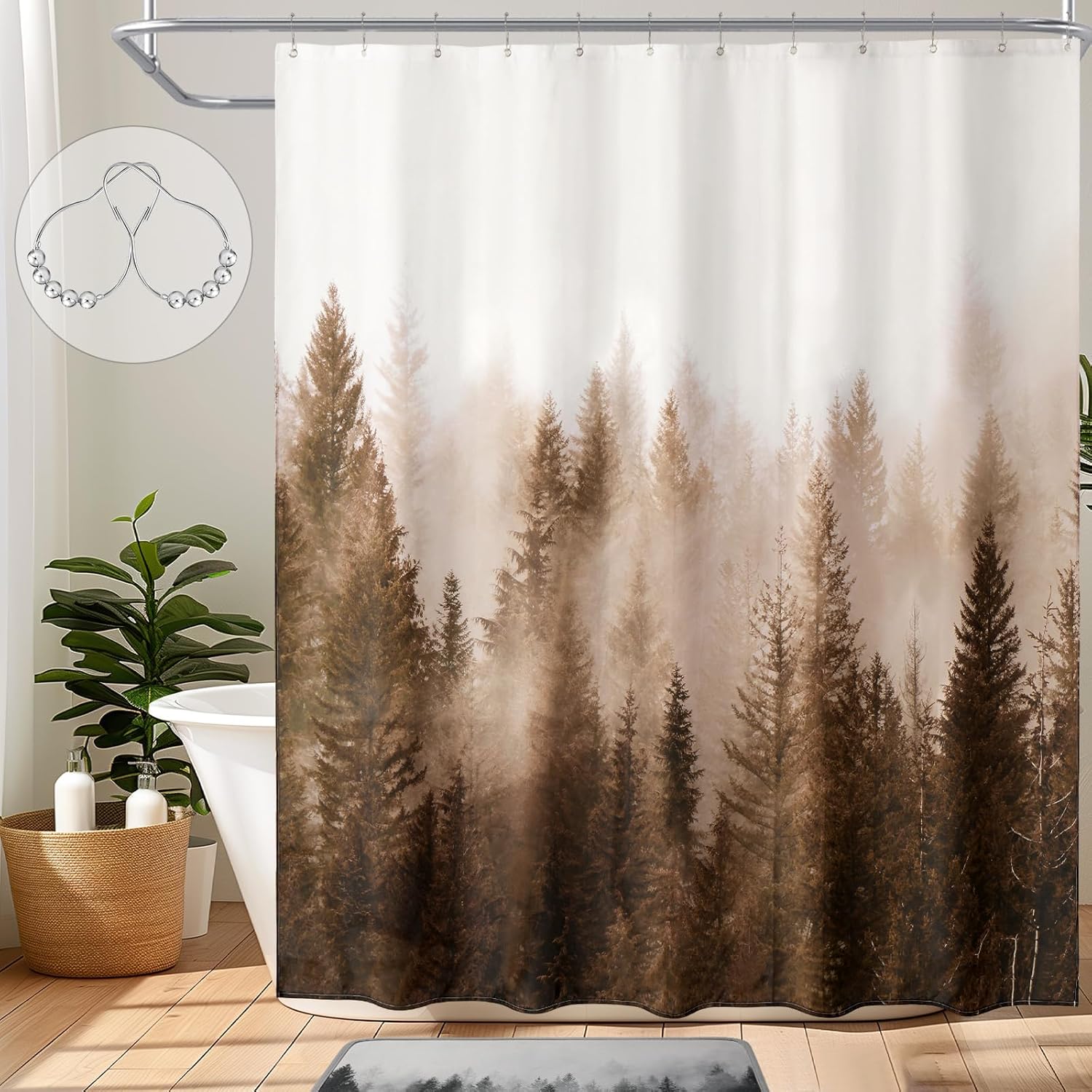

Green Shower Curtain for Bathroom Misty Forest Pattern, Nature Woodland Artistic Shower Curtain Set with Metal Hooks, Waterproof 90x180CM