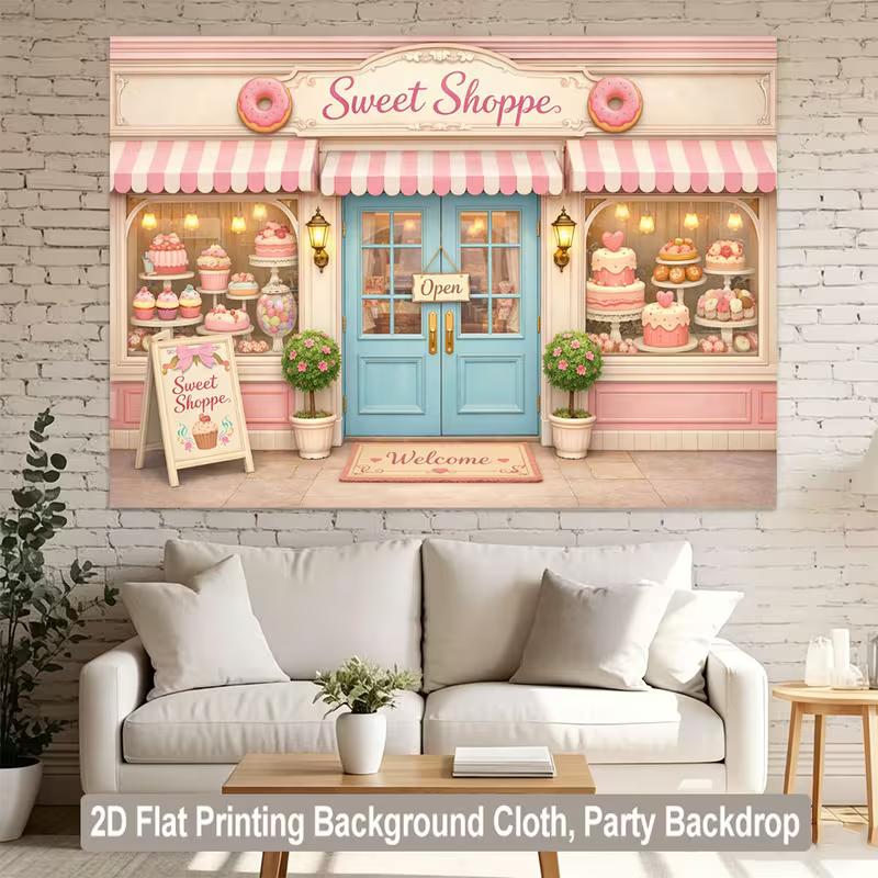 2D Sweet Shoppe Storefront Backdrop, Pink & Blue Pastry Shop Wall Decor for Kids Room