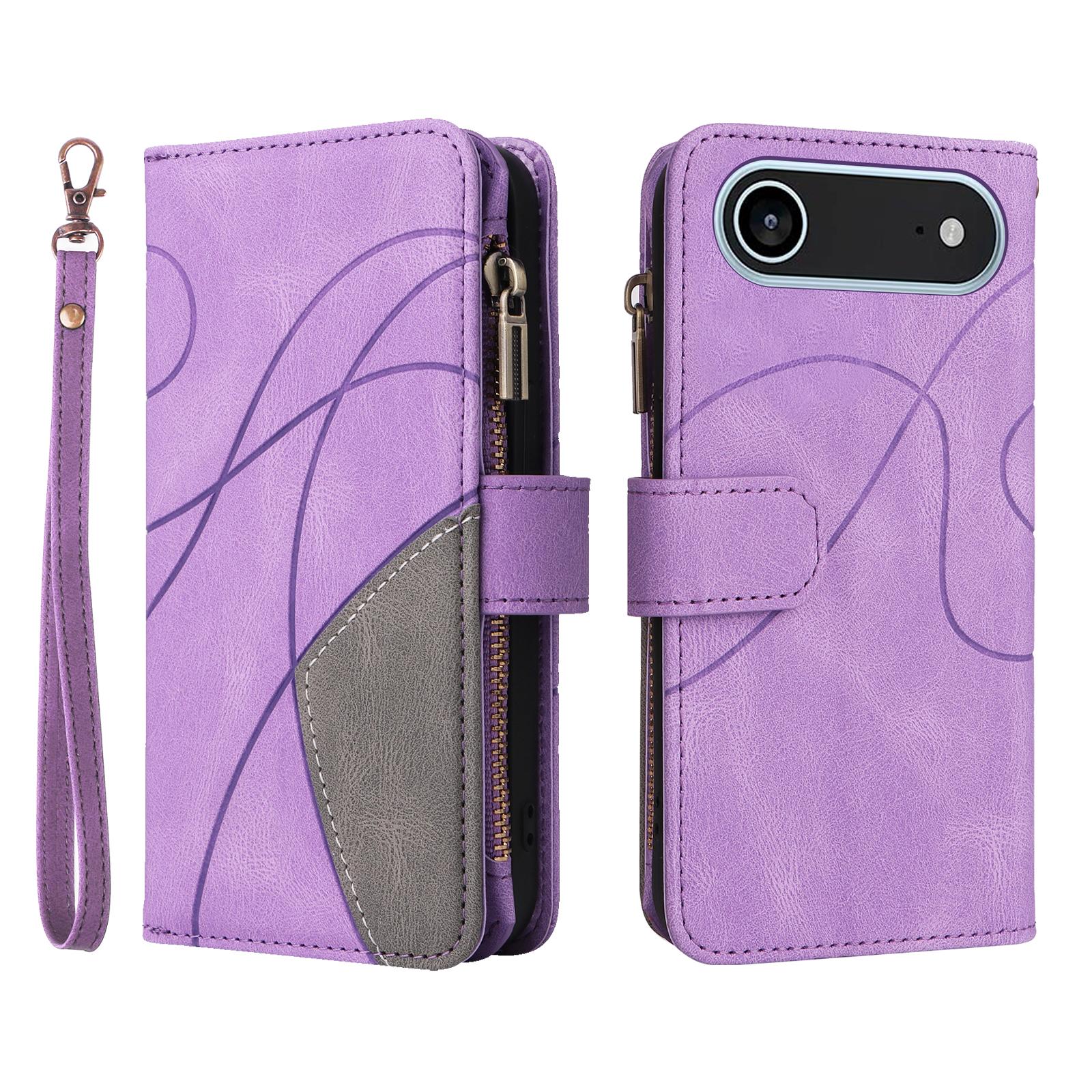 

For iPhone 17 Air Leather Case with Strap Zipper 9 Card Slot Phone Cover Stand Purple