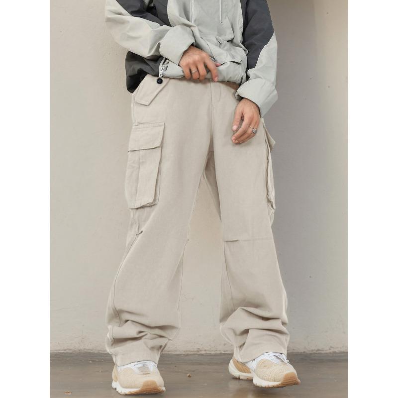 Retro Big Pocket Paratrooper Overalls Men's Fashion Straight New Loose Micro-horn Casual Pants
