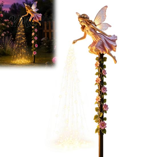 Automatic Dusk to Dawn Lights Fairy Sprinkling Magic Dust Solar Garden Light, Outdoor Front Yard Weather Resistant Decor Statue with LED Light String,