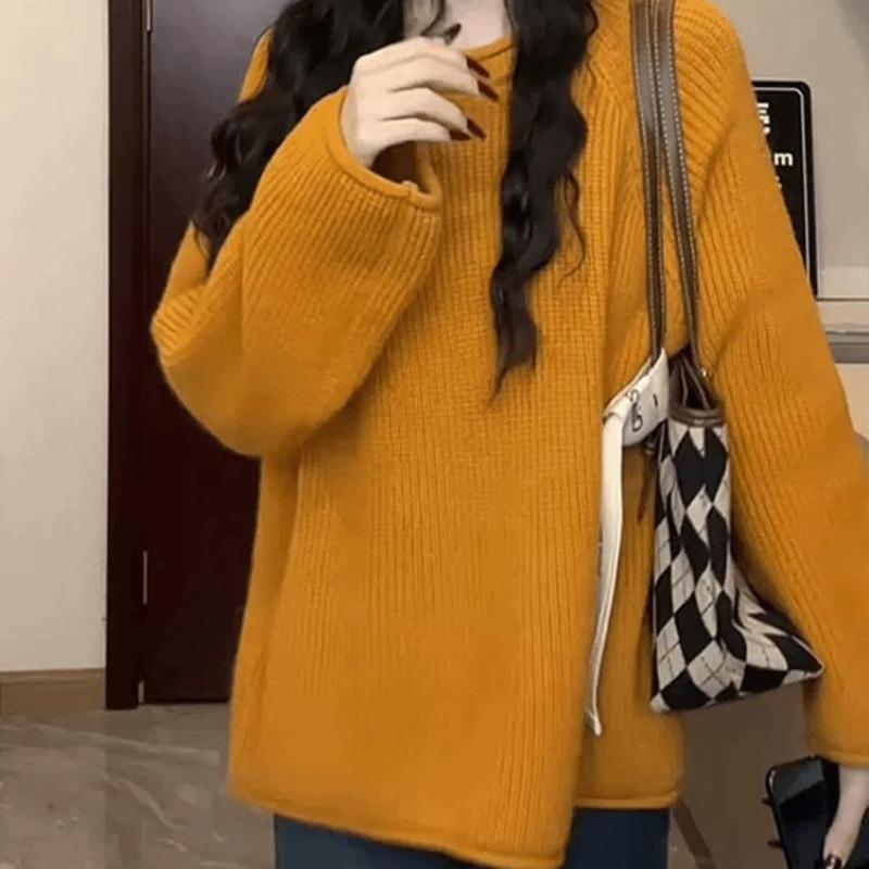 Lazy wind large size knitted sweater women's orange white top early spring autumn and winter age-reducing fashion bottoming shirt
