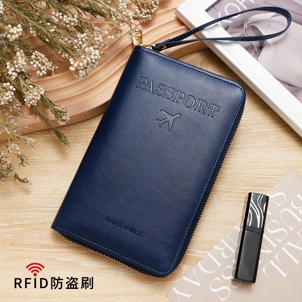 Men Women RFID Blocking Leather Passport Holder Travel Wallet Zip Around Passport Cover Document Organizer with Card Slots Wrist Strap