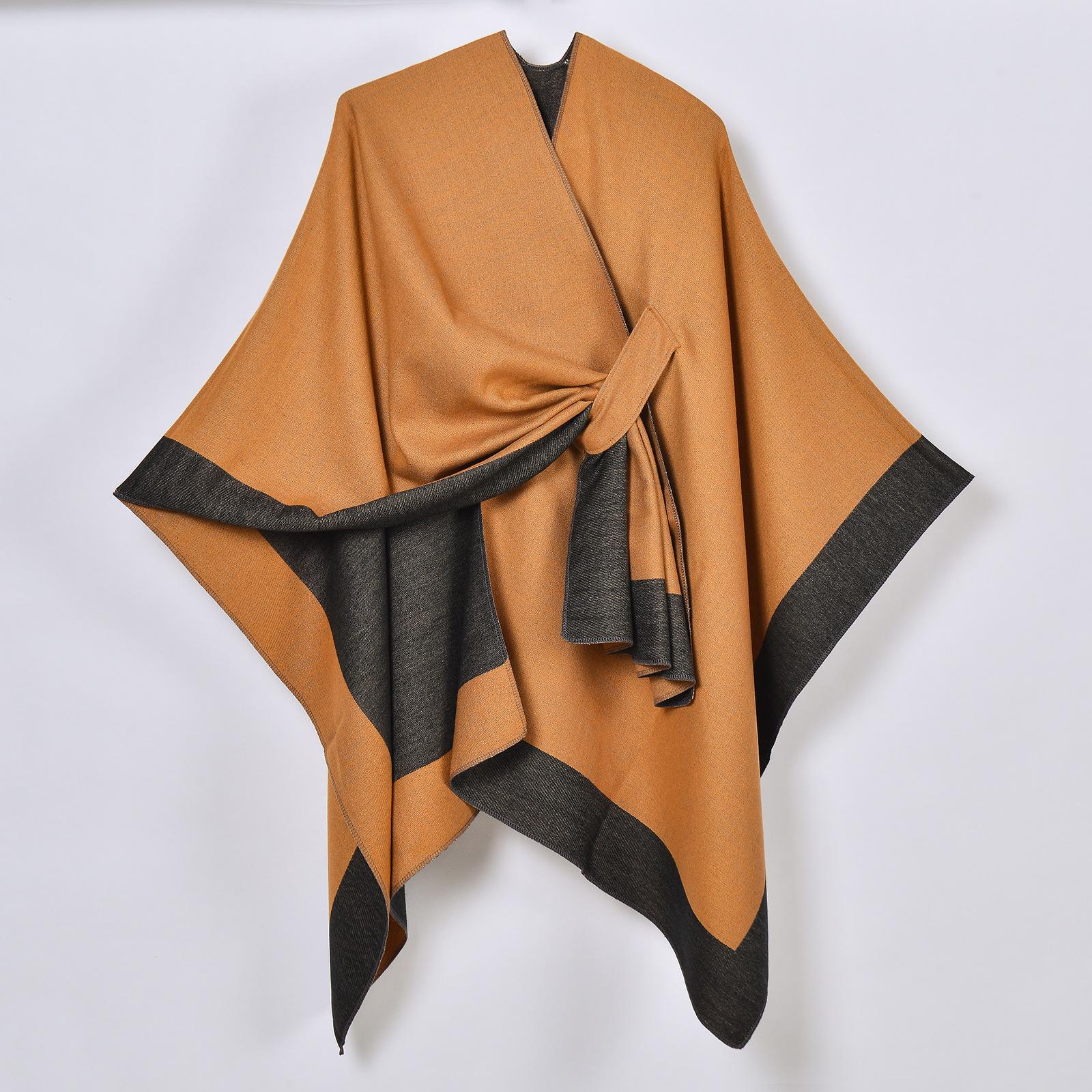 Double-Sided Faux Cashmere Strappy Slit Shawl Cardigan for Women 130x150cm