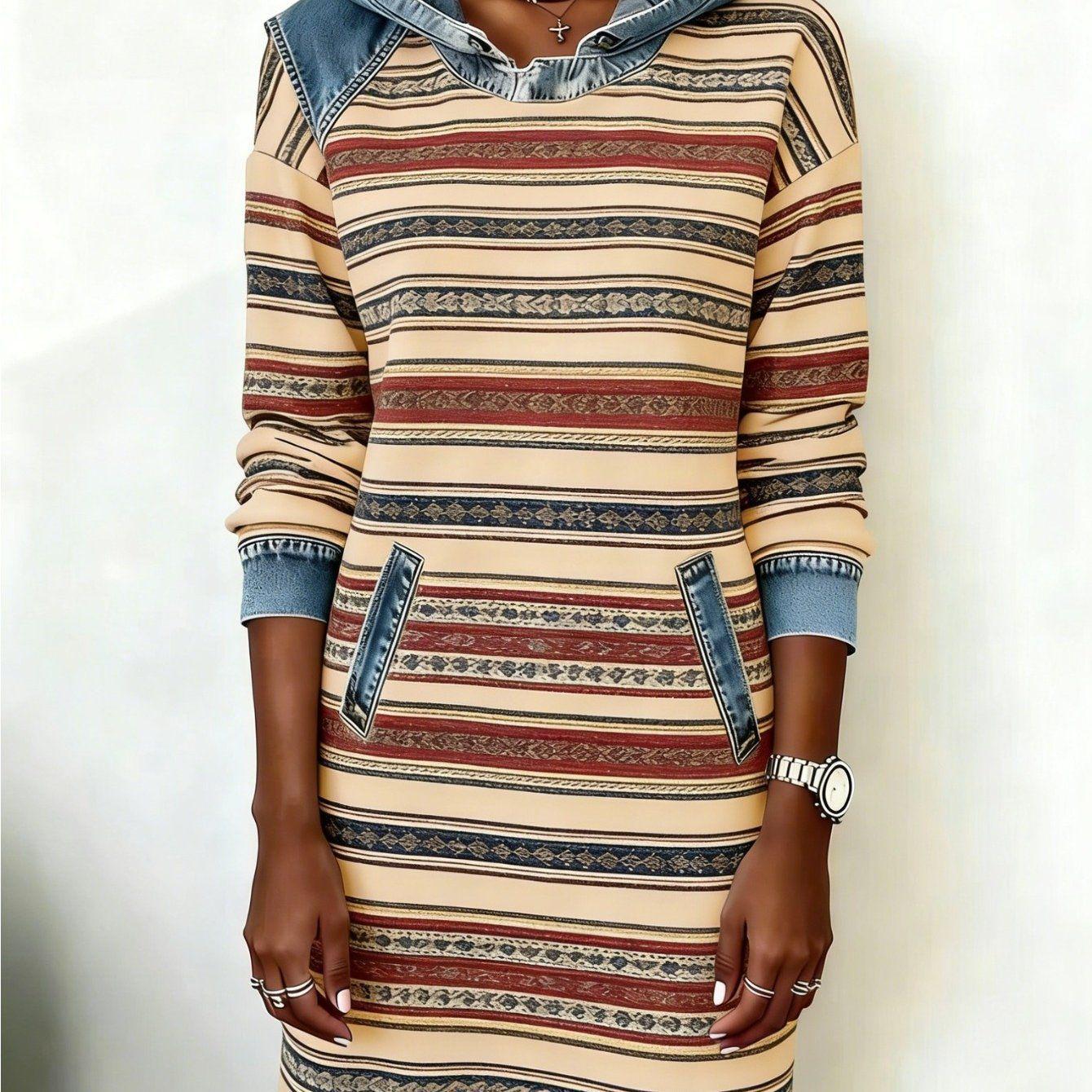 Elegant Women s Retro Print Denim Hoodie Dress - Soft, Comfortable Patchwork Design XL