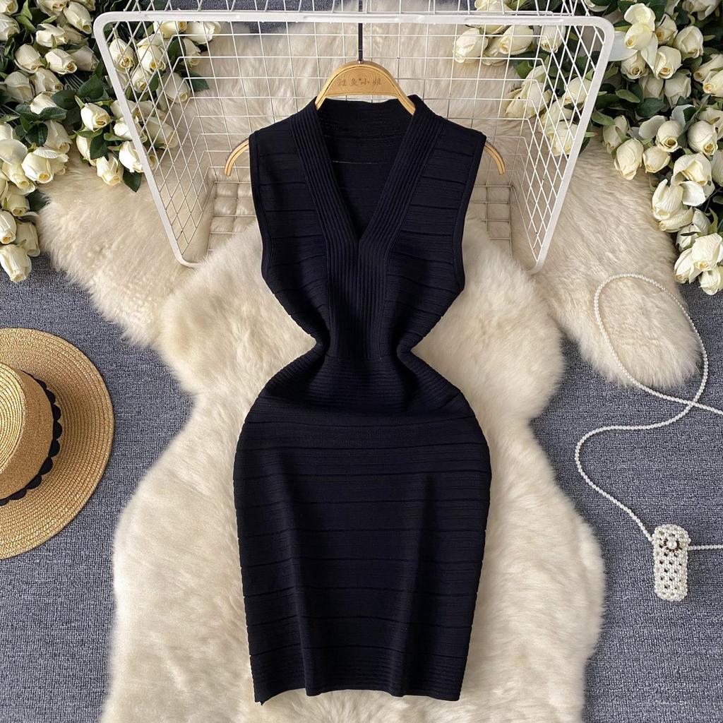 Vestido básico ajustado de punto para mujer, sin mangas, con escote en V, cintura elástica, temperamento sólido, vestido de calle