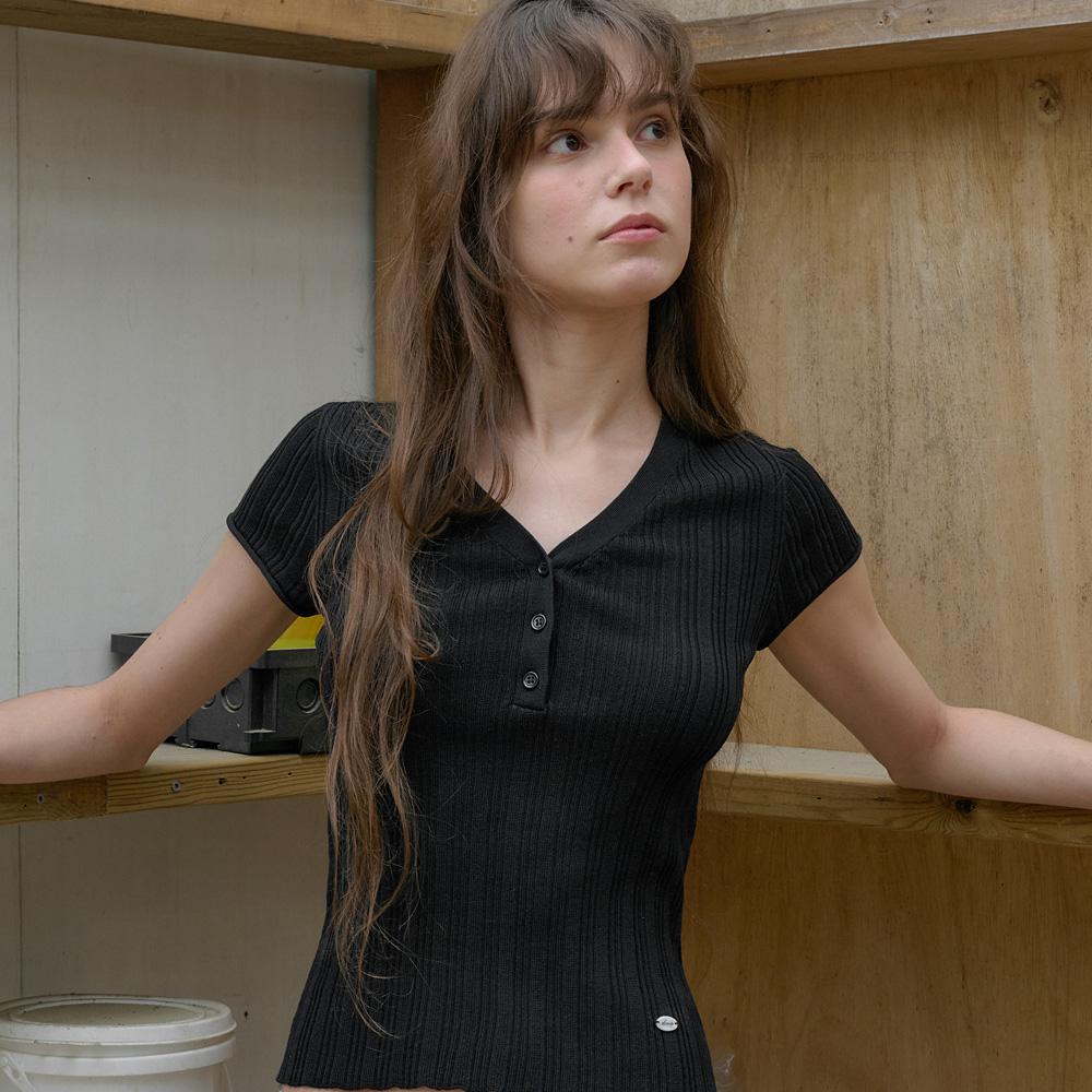Elssibeui Tencel V-Neck Button Knit_Black