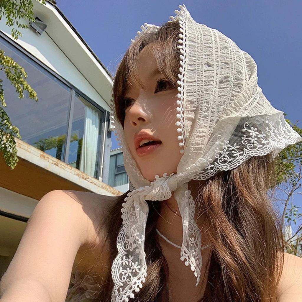 Girls Summer Sweet Scarf Vintage Women's Lace Triangle Scarves For Muslim Women Printed Floral Hijab Turban Hair Accessories