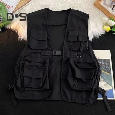 Gilet unisexe Style Hip Hop Streetwear individuel couleur unie sans manches fermeture à boucle ample multi-poches femmes hommes gilet Cargo