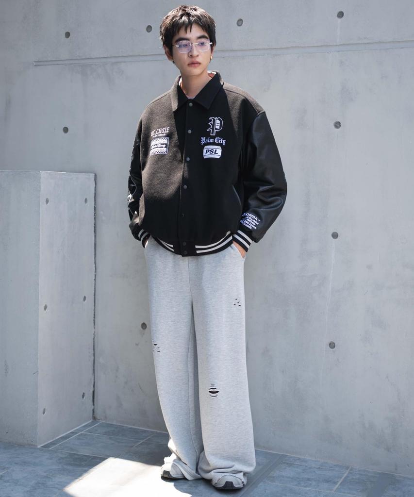 WEGO Melton Patch Stadium Street Loose Oversized Black Size M Men's Jacket, Outerwear, Style, Fit, Silhouette, Fall/Winter Clothing, Gift, Sonata,