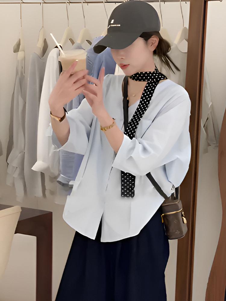 

Korean V-Neck Ribbon Mid-Sleeve Shirt for Women - 2025 Spring/Summer Collection XL світло-синій колір