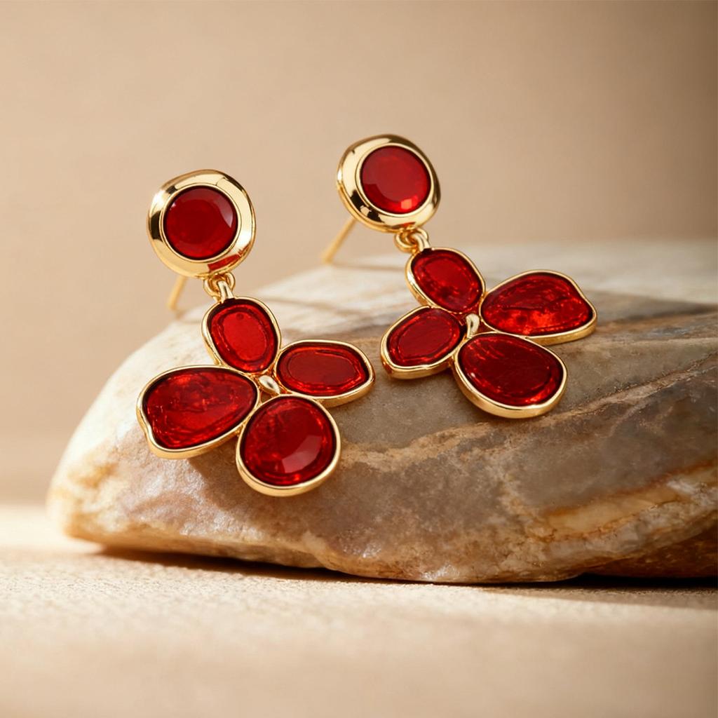 European and American retro oil dripping irregular pleated flower silver needle earrings autumn and winter medieval simple New Year red earrings