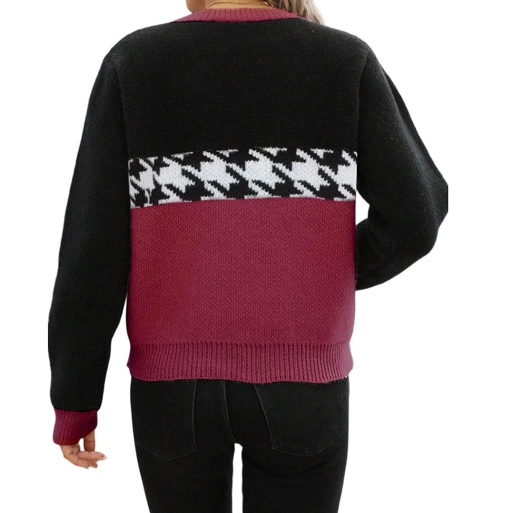 Women's Casual Round Neck Colorblock Pullover Sweater Geometric Long Sleeve Contrast Color Top