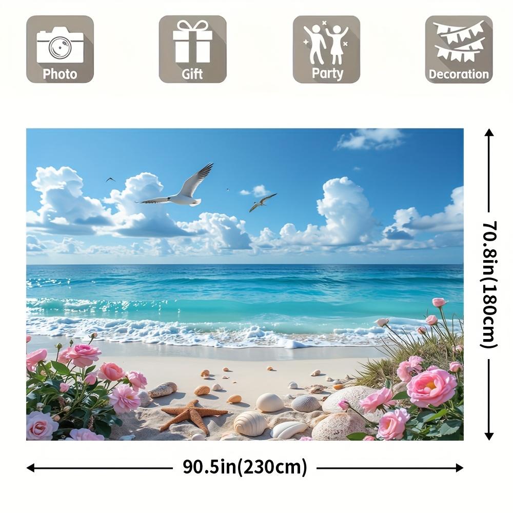 1pc Sea View Background Banner - Durable polyester, sea and blue sky with seagulls, white clouds and beach scenes