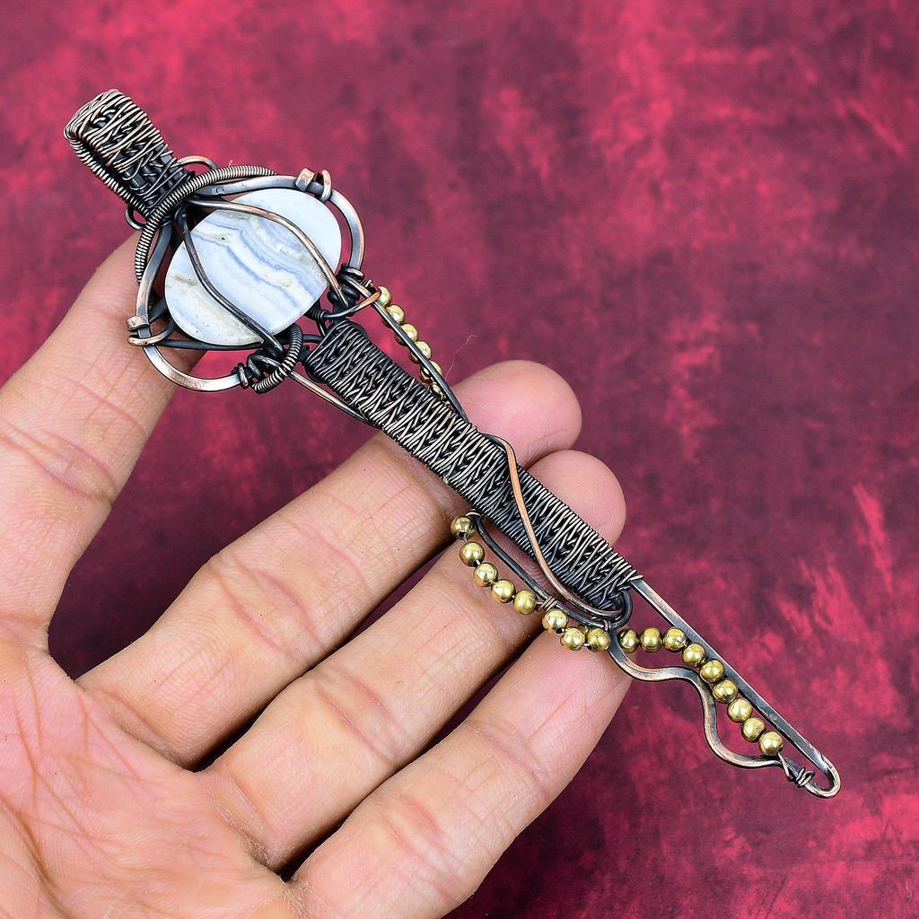 Blue Lace Agate Pendant Copper Wire Wrapped Pendant Key Pendant Antique Jewelry Handmade Pendant Gemstone Copper Jewelry Anniversary Gifts