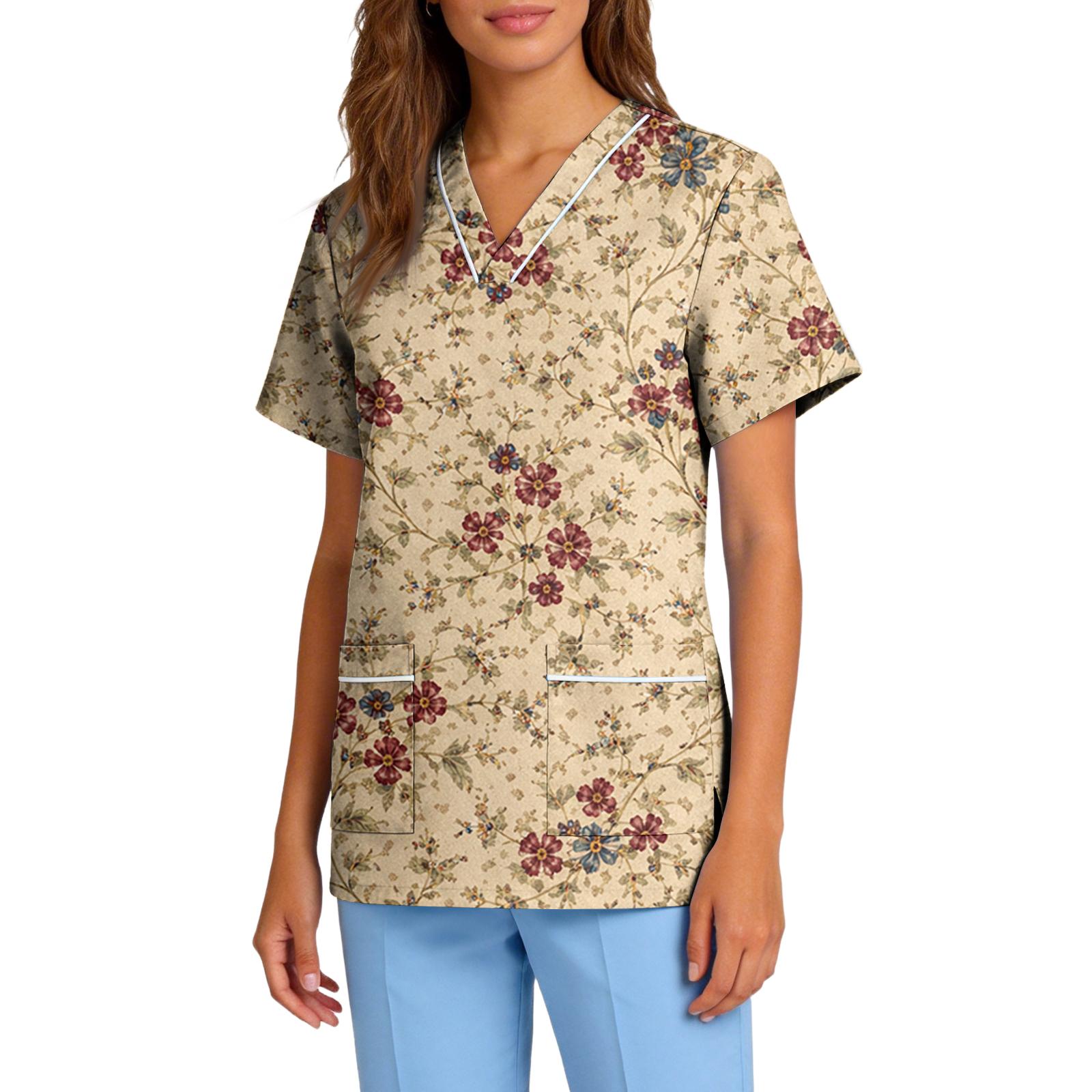 

Women’s Stretch Quick Dry V Neck Short Sleeve Scrub Top with Pockets Floral Botanical Print for Healthcare Work Uniform M