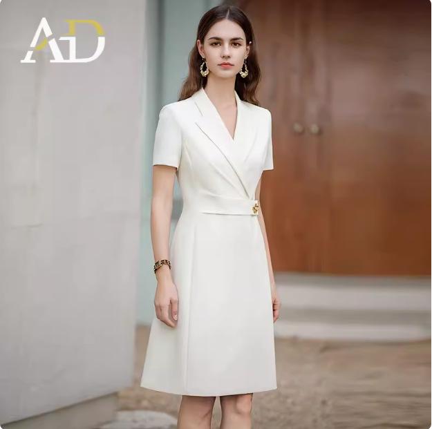 Women's Professional White Summer Dress - Short Sleeve & Waist-Slimming Design for Office Wear