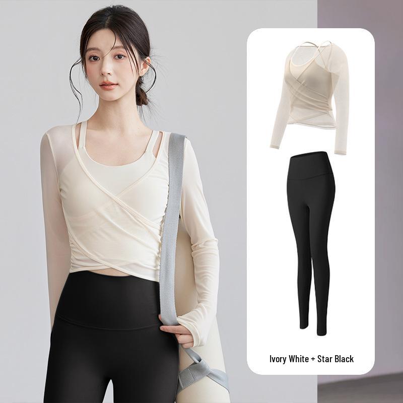 Net Sweet Design Women's High-Waisted Tummy Control Long-Sleeve Yoga Set with Mesh Cover-Up.