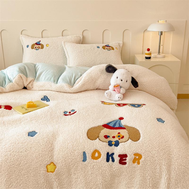 Cartoon Lamb Wool Four-Piece Set Thickened Milk Fleece Quilt Cover Coral Fleece Bedding Fleece Sheets