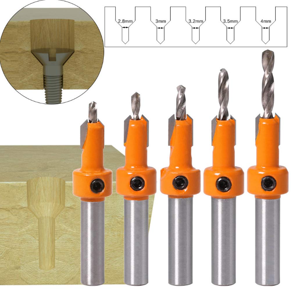Set of Countersink Drill for Drill Woodworking Includes Hex Wrench 5-Piece 2.8-4mm Bits, Chamfering, Woodworking, Drilling, Self-Taping Bits, Tools,