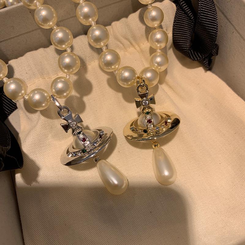 Empress Saturn Pearl Necklace With Geometric Pendant For Women