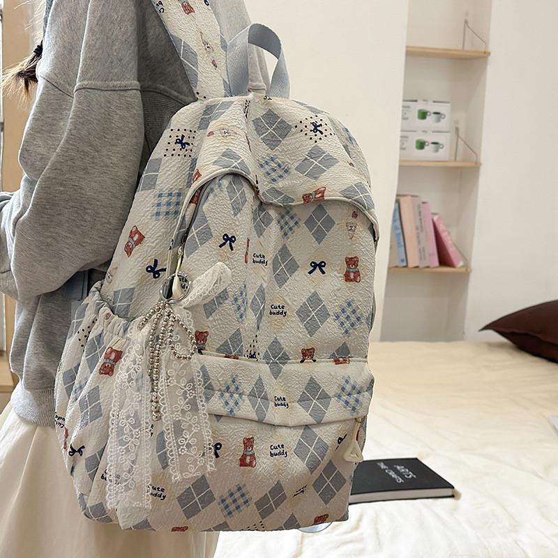 Little Bear Floral Print Youthful Nylon Student Backpack With Breathable Design For Daily Use