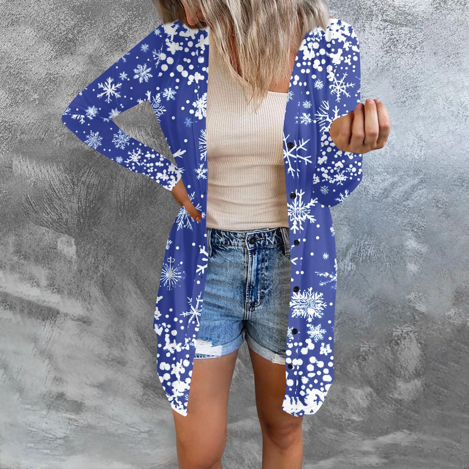 

Жіночий топ з принтом у стилі ретро з довгим рукавом, легкий простий жакет, кардиган, повсякденні сорочки, різдвяні XXXL синій