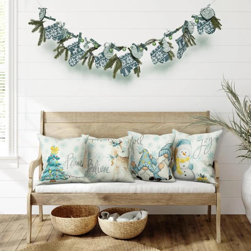 Christmas Pillowcase 20in X 20in 4-piece Set Family Farmhouse Decoration (Tree Snowman Dwarf Deer) Blue
