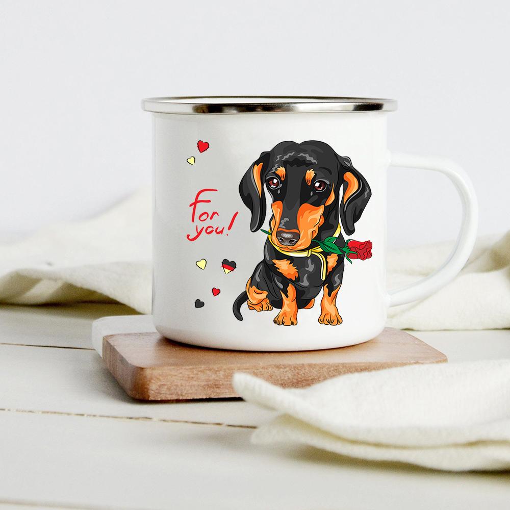 Funny Dachshund Print Creative Enamel Mug Coffee Wine Mugs Cartoon Dogs Paw Party Drink Beer Juice Milk Cups Gifts for Lover Dog