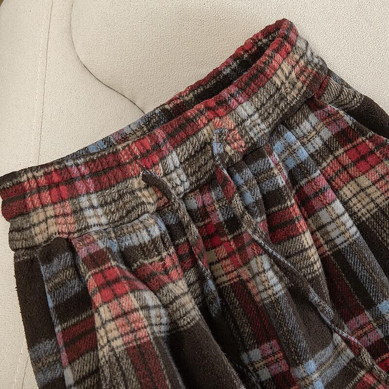 Sispecher Women's Retro Color Block Plaid Fleece-Lined Wide-Leg Pants