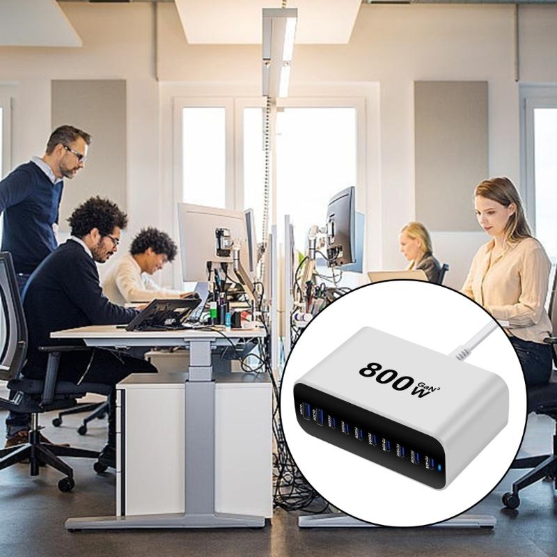 Intelligent Power Distribution 800W Charging Adapter 10 Port Design Metal Texture Suitable for Laptops and Phones