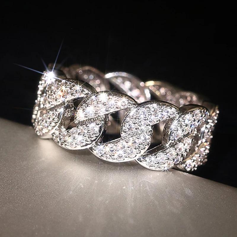 Huitan Statement Chain Linked Design Women Finger Rings Full Dazzling Cubic Zirconia Modern Fashionable Luxury Female Jewelry