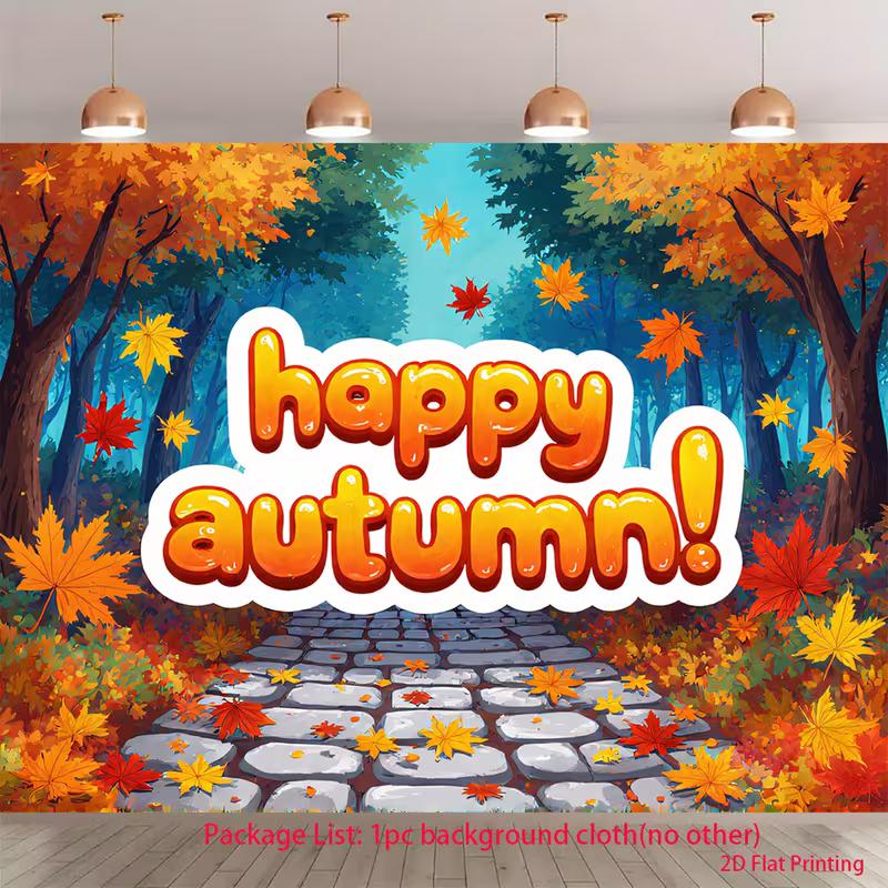 

2D Autumn Forest Backdrop Happy Autumn Maple Leaf Stone Path Background for Harvest Party Banner 47.2x31.5inch/120*80cm