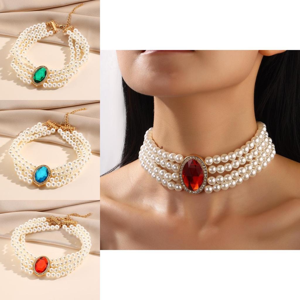 Multi Elegant Palace Layered Simulated Pearl Gemstone Necklace Accessory Neck