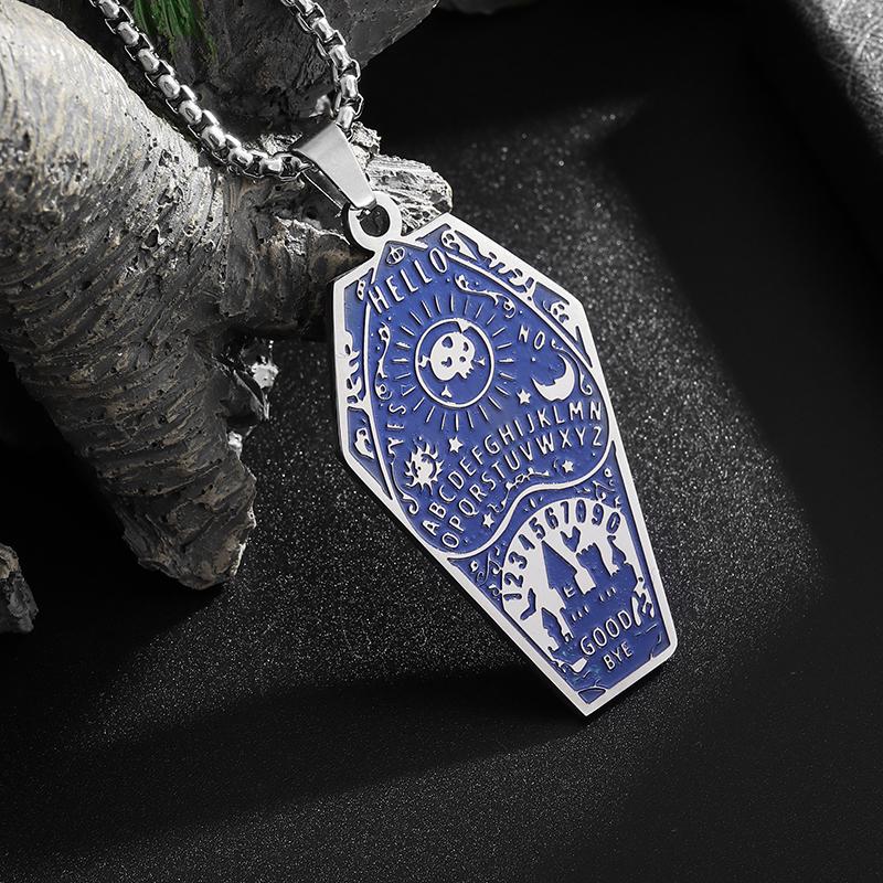 Retro Bat Coffin Castle Badge Stainless Steel Pendant Necklace for Men and Women Punk Halloween Jewelry Gift