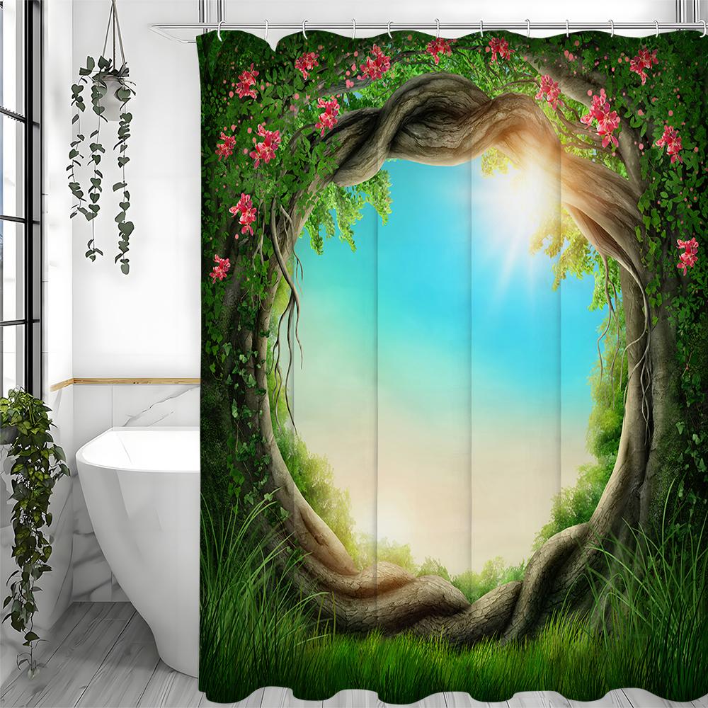 Tree Hole Tree Flower Plant Shower Curtain, Bathroom Decorative Shower Curtain, Waterproof Shower Curtain with Hooks