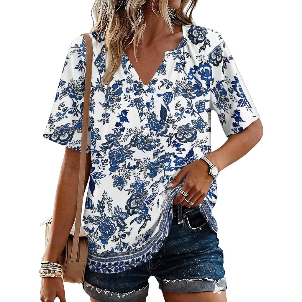 Women's Fashionable Casual Floral Print Button V-neck Short-sleeved Top