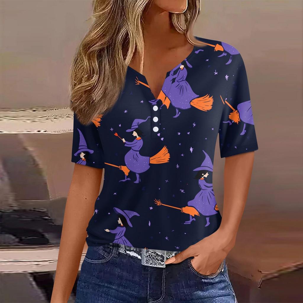 Damen T-Shirt Halloween Bedruckt Knopf Kurzarm Tunika Täglich Wochenende Mode Basic V-Ausschnitt Reguläres Oberteil
