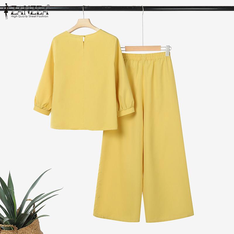ZANZEA Women 3/4 Sleeve Floral Blouse and Pants Summer Two Piece Suit Sets