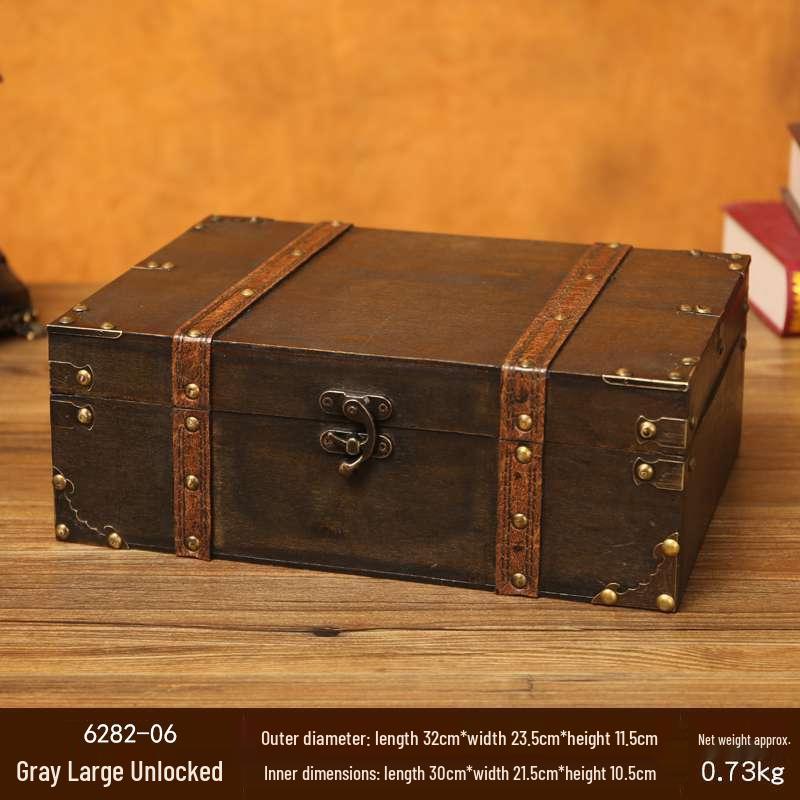 Retro Wooden Rectangular Storage Box Set with Lock - Creative Organizer & Decorative Props