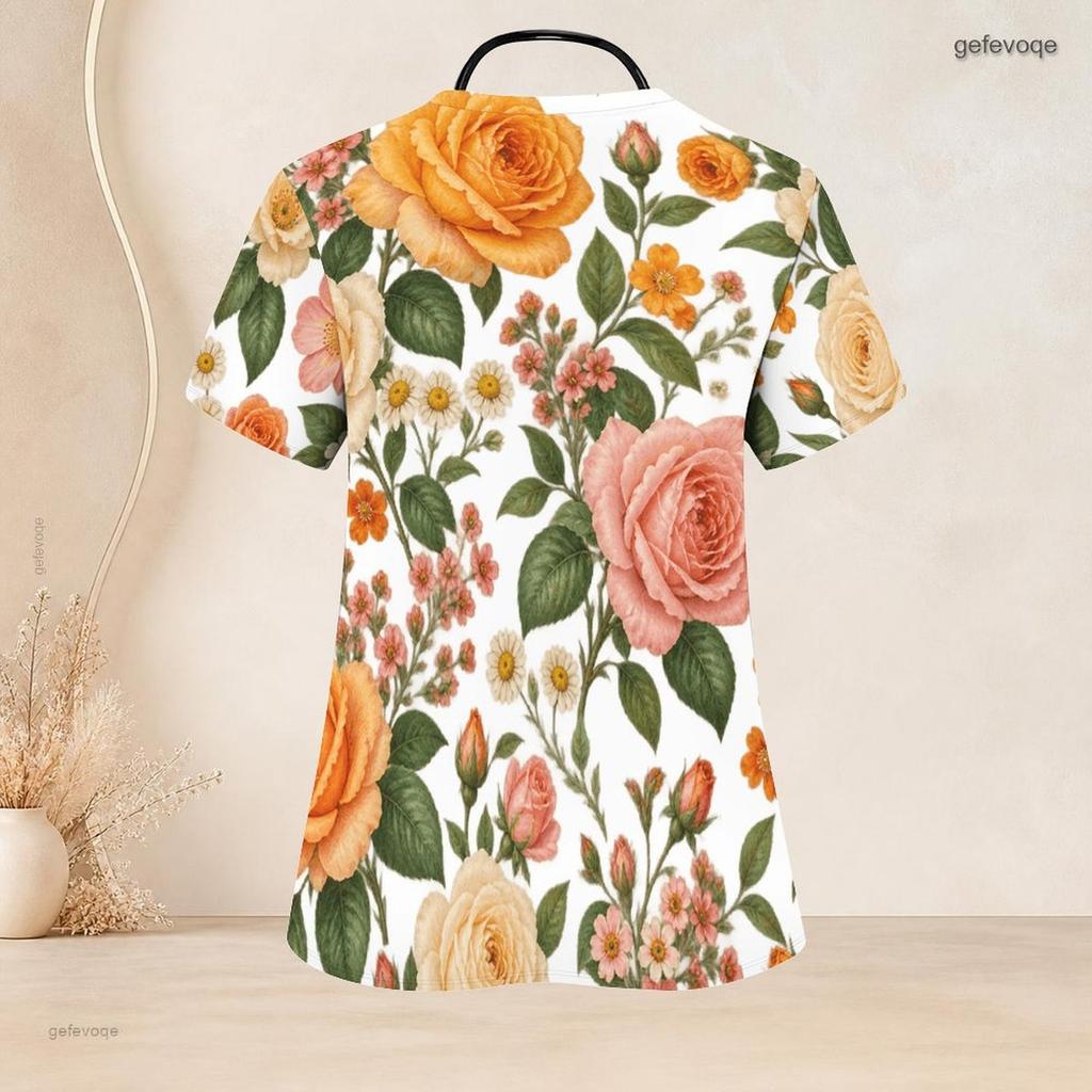 Women Plus Size White Floral Printed V Neck Short Sleeve Nurse Scrub Top With Front Pockets