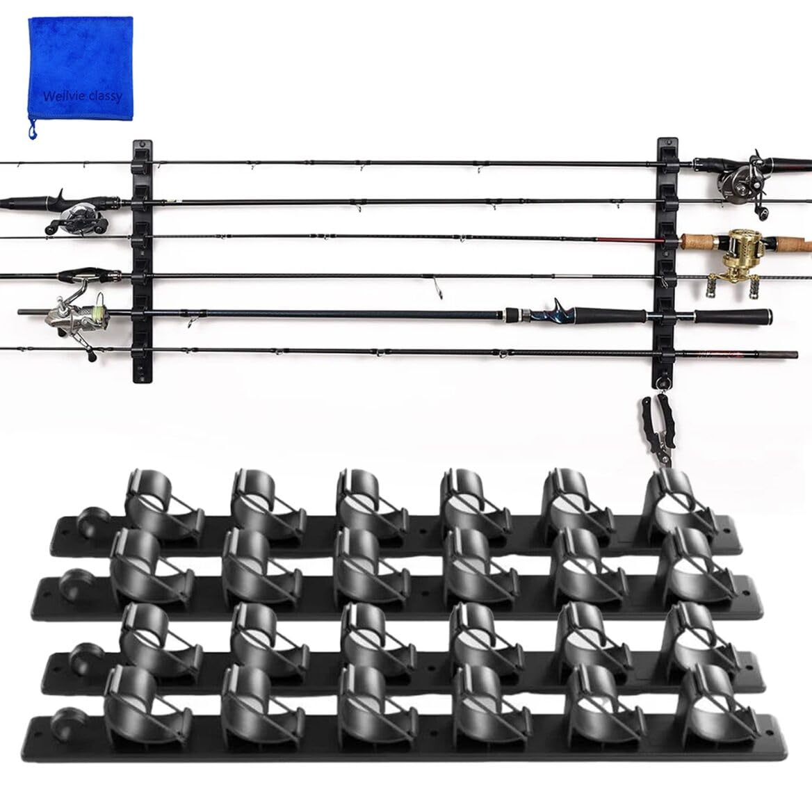

Wellvie Стильный держатель для удочек, Набор из 2 штук, Настенный/Потолочный стенд для удочек, Вмещает 6 удочек, с крючками (2) [Параллельный импорт]