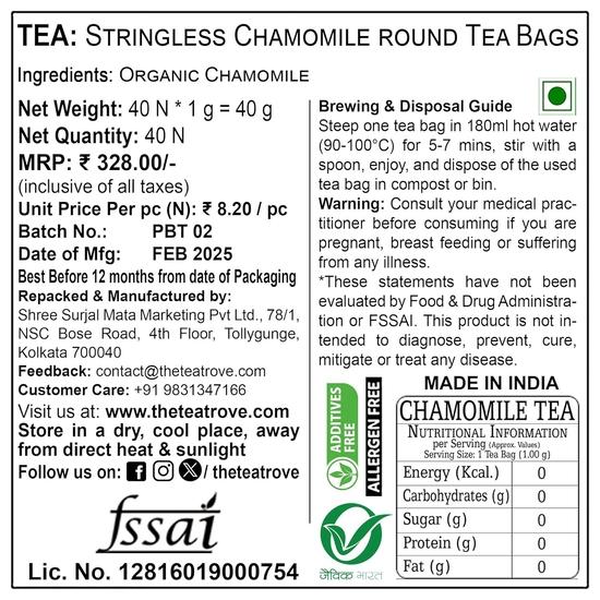 The Tea Trove Pure Chamomile Tea Bags Organic - 40 Eco-Friendly Caffeine Free Camomile tea for sleep | Pack of 1, 40 grams