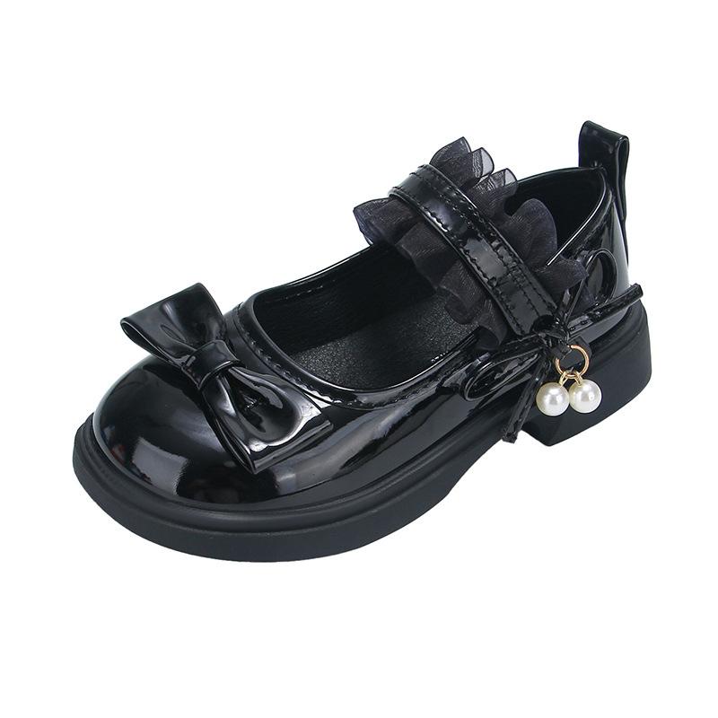 Girls leather shoes sweet bow princess shoes 2025 new children's black single shoes British style soft sole performance shoes