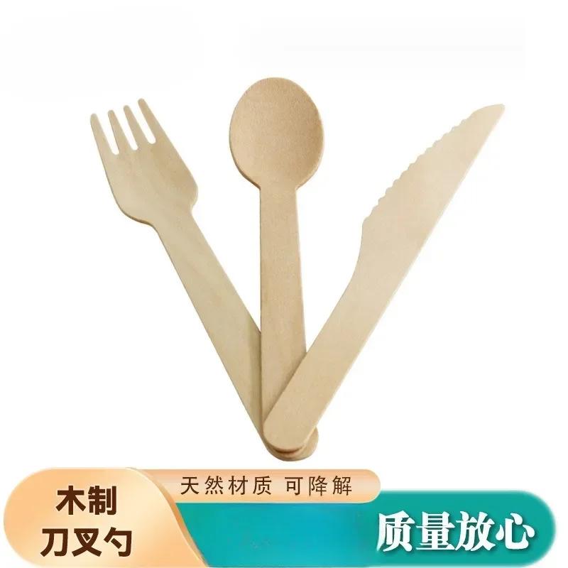 Biologicky odbouratelný jednorázový nůž, vidlička, březové dřevo, jednorázový biologicky odbouratelný západní dezert, nůž na zmrzlinu, vidlička, lžíce