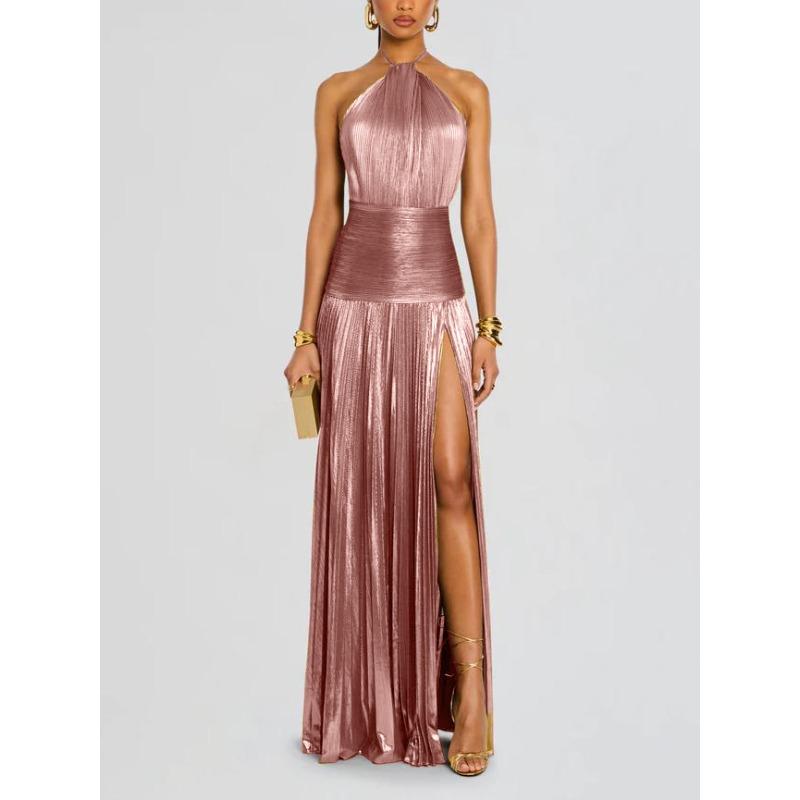 Stazione Indipendente Donna Vestito Pieghettato Colore Metallico con Spacco e Collo a Cravatta Senza Maniche Schiena Scoperta