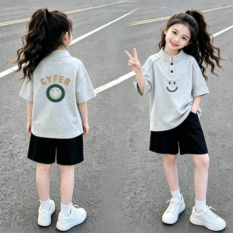 Girls' Cotton Polo T-Shirt Set: Short-Sleeve, Stand-Up Collar, Summer Fashion for Medium & Large Children