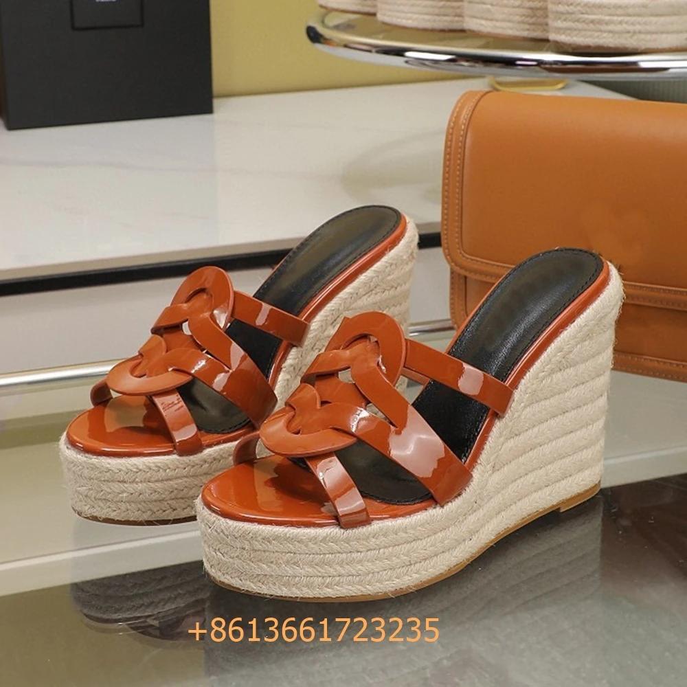 Fashion Corss Strap Patent Leather Platform Women Sandals Wedges Espadrilles Slip On Fashion Heels Open Toe 2025 Summer Newest Slides