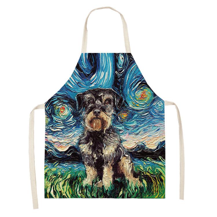 Schürze im Ölgemälde-Stil, Sternenhimmel-Hintergrund, Hund, Leinen, Baumwolle, kreative Eltern-Kind-Schürze, Familienküche