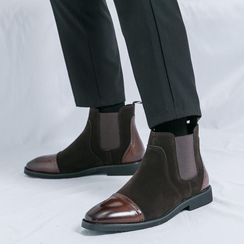 Fashion Winter New Men's Pointed Mixed Patchwork Slip On Ankle Boots British Designer Botas Trend Casual High-tops Shoes Zapatos Hombre